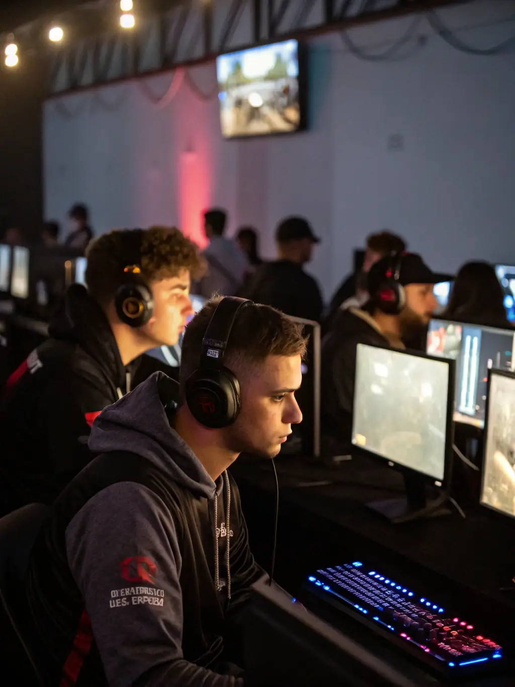 A team of GE eSports players collaborating and communicating effectively during a practice match, emphasizing teamwork and coordination.